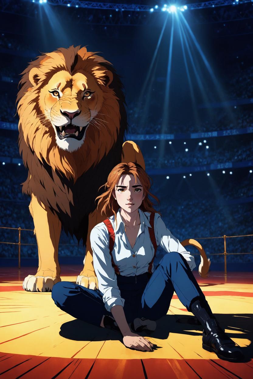 Artificial Intelligence (AI) generated image art, ..., as an anime girl with lion lying at her feet, growling,  anime style, illustration, art by makoto shinkai, circus lion tamer, dramatic lighting, cirque du soleil, in the air