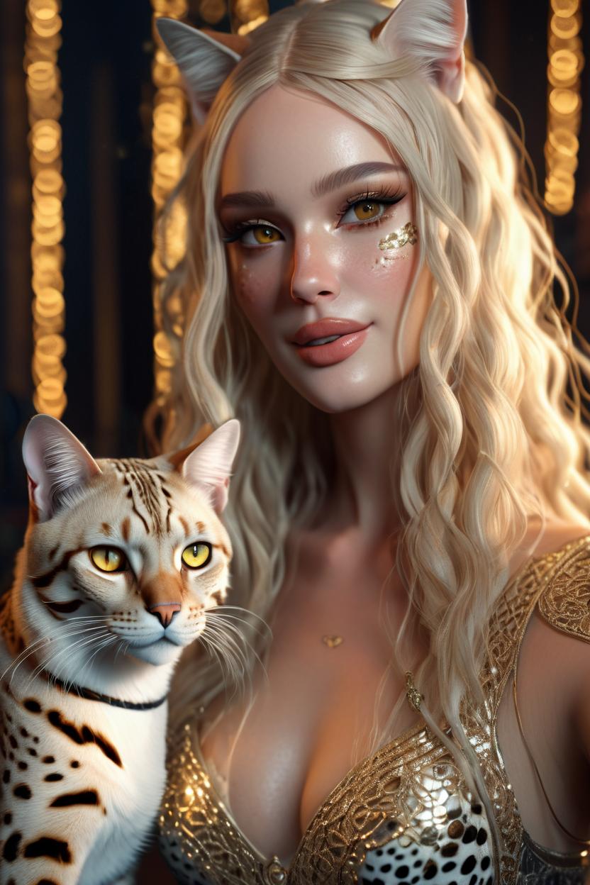 Artificial Intelligence (AI) generated image art, ..., as a majestic goddess with two Savannah cats, Girl, mysterious, beautiful blonde long hair, hazel eyes, soft fairy lights, golden notes, lace, highly intricate details, 3d, cgi, realistic light, trending on cgsociety, glowing eyes, ultra realistic details, pose, portrait, fantasy atmosphere, global illumination, shadows, octane render, 8 k,