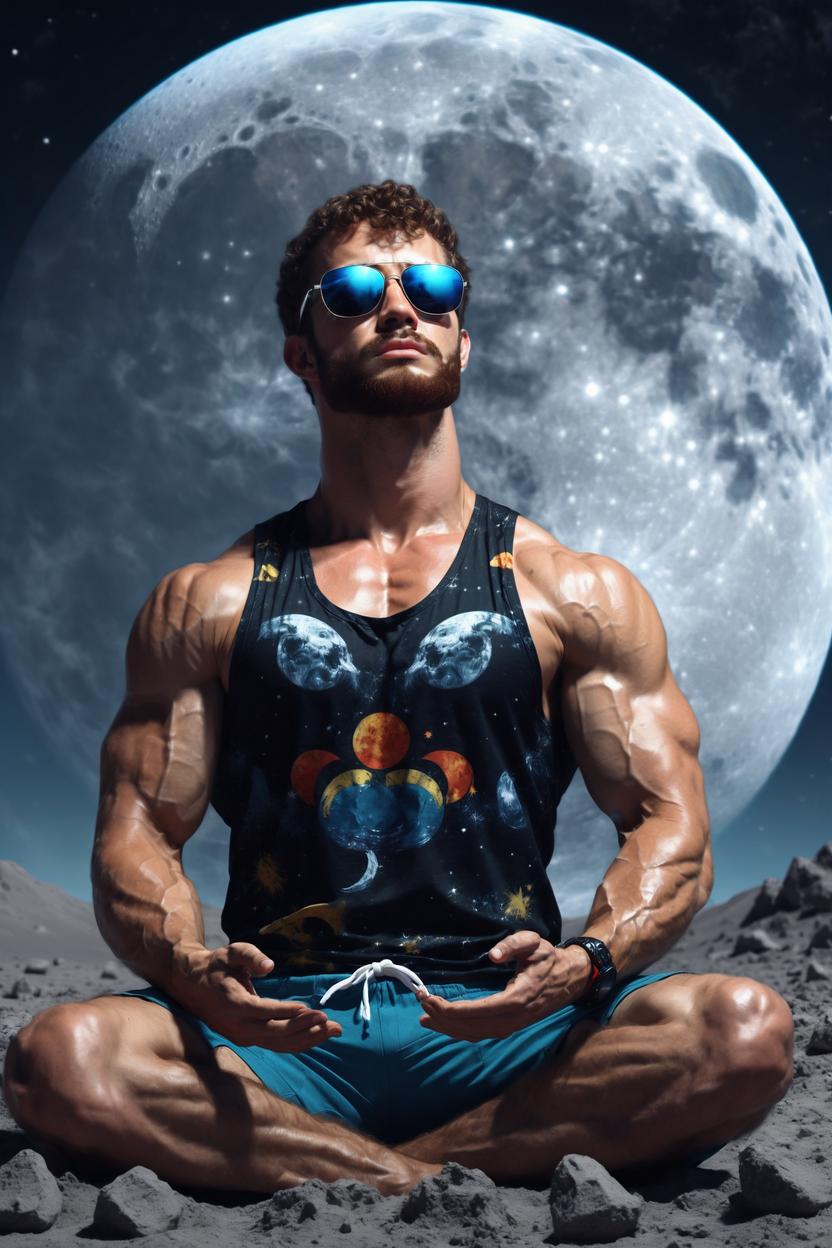 Artificial Intelligence (AI) generated image art, ... as a bodybuilder, meditating on the moon, in sunglasses, digital art by Greg Rutkowski, portrait