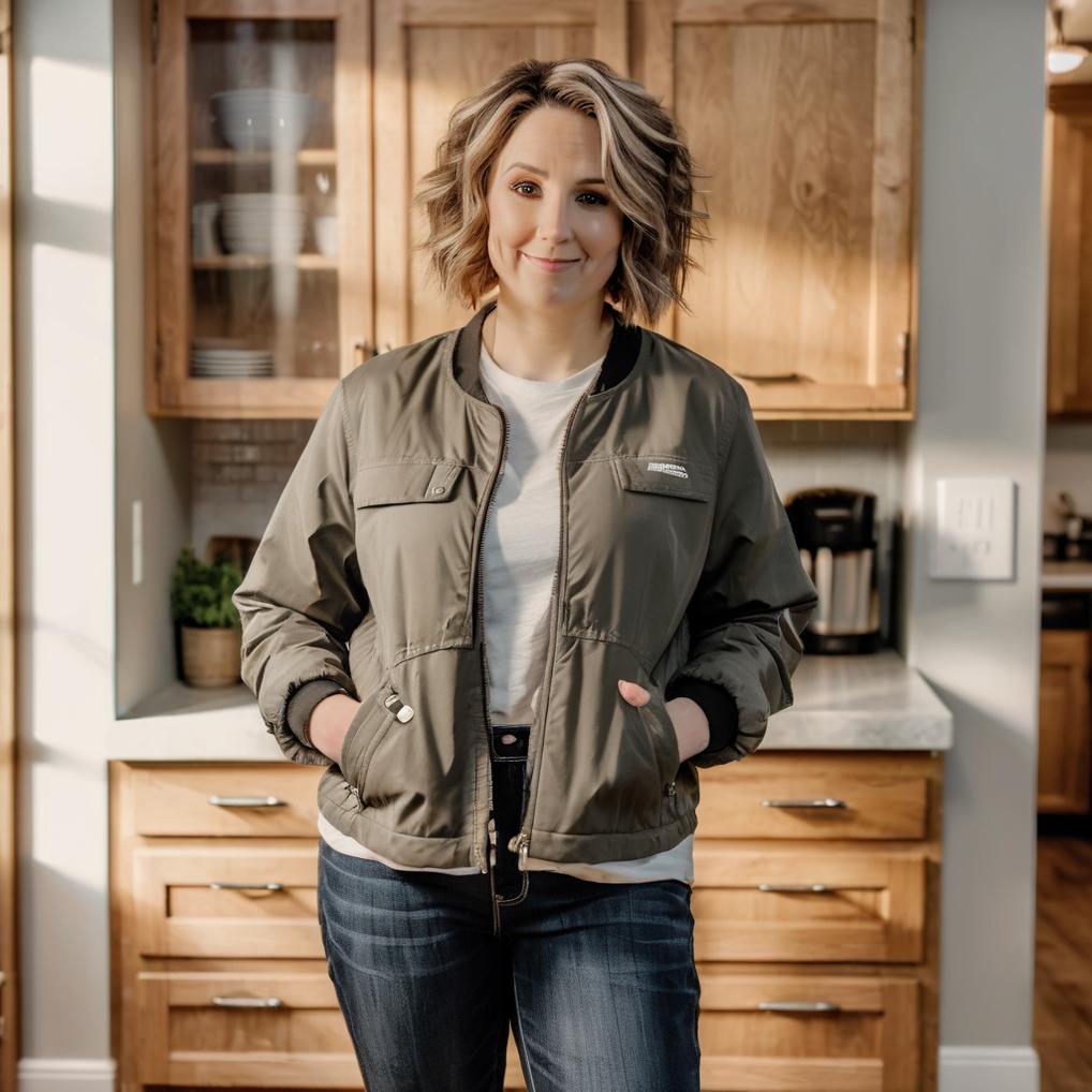 Artificial Intelligence (AI) generated image art, ..., standing in a large kitchen that has light wood cabinets and white backsplash, she is young and thin, wavy hair, she has on a fitted t-shirt with a jacket and pants, confident, photorealistic, welcoming