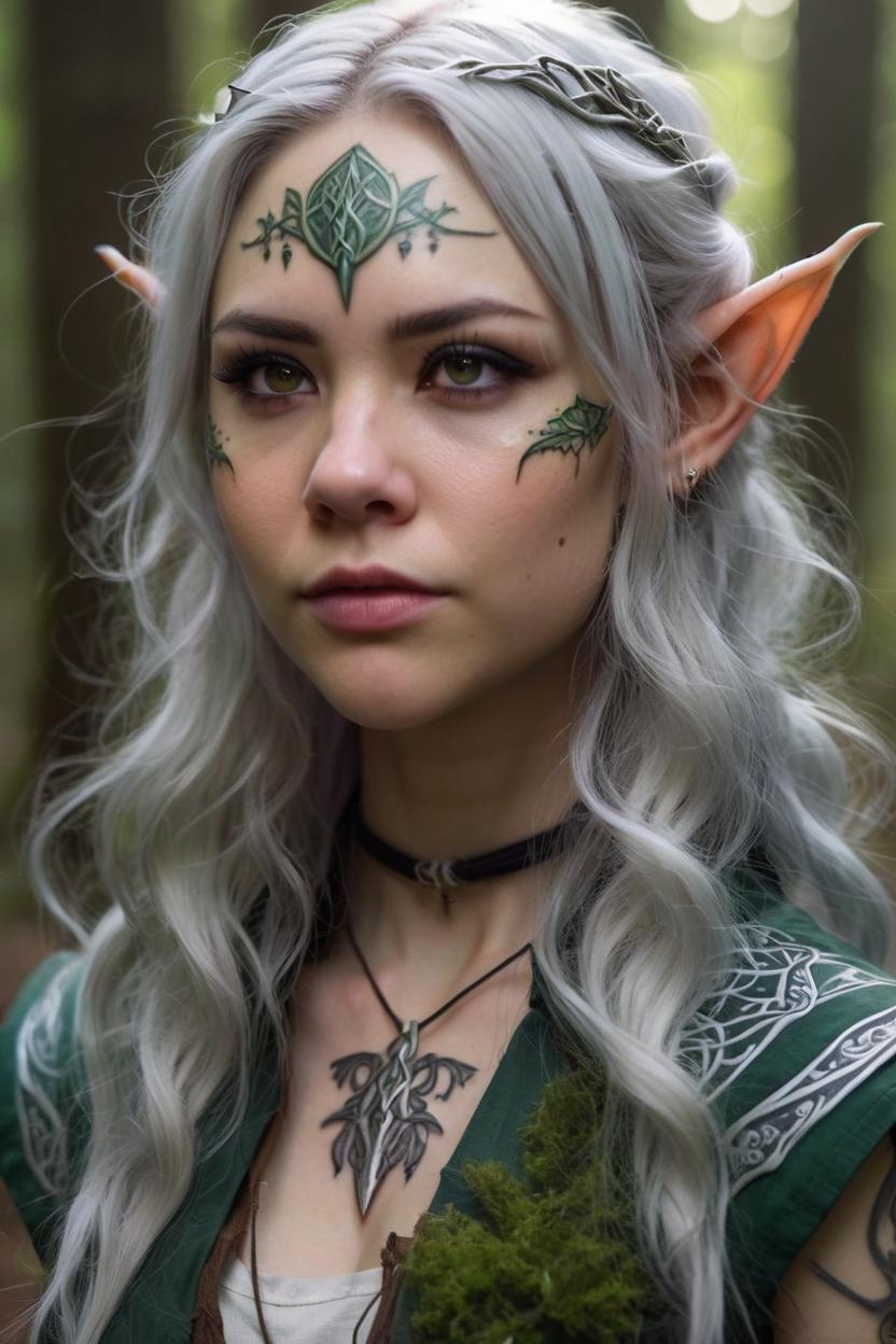 Artificial Intelligence (AI) generated image art, ..., ((portrait)), fantasy wood elf, (pointy elf ears, pale skin, small forehead tattoo)), ((fantasy ranger)), long silver wavy hair, close up, facing front, dnd art, (art by Greg Rutkowski), highly detailed, sharp focus, 4k, ((in a forest)), (((magic glow)))