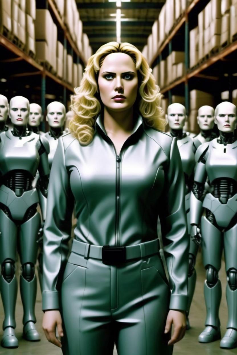Artificial Intelligence (AI) generated image art, ..., an army of heatherlockheart clones stands at attention in a warehouse, photorealism, irobot, isaac asimov novel