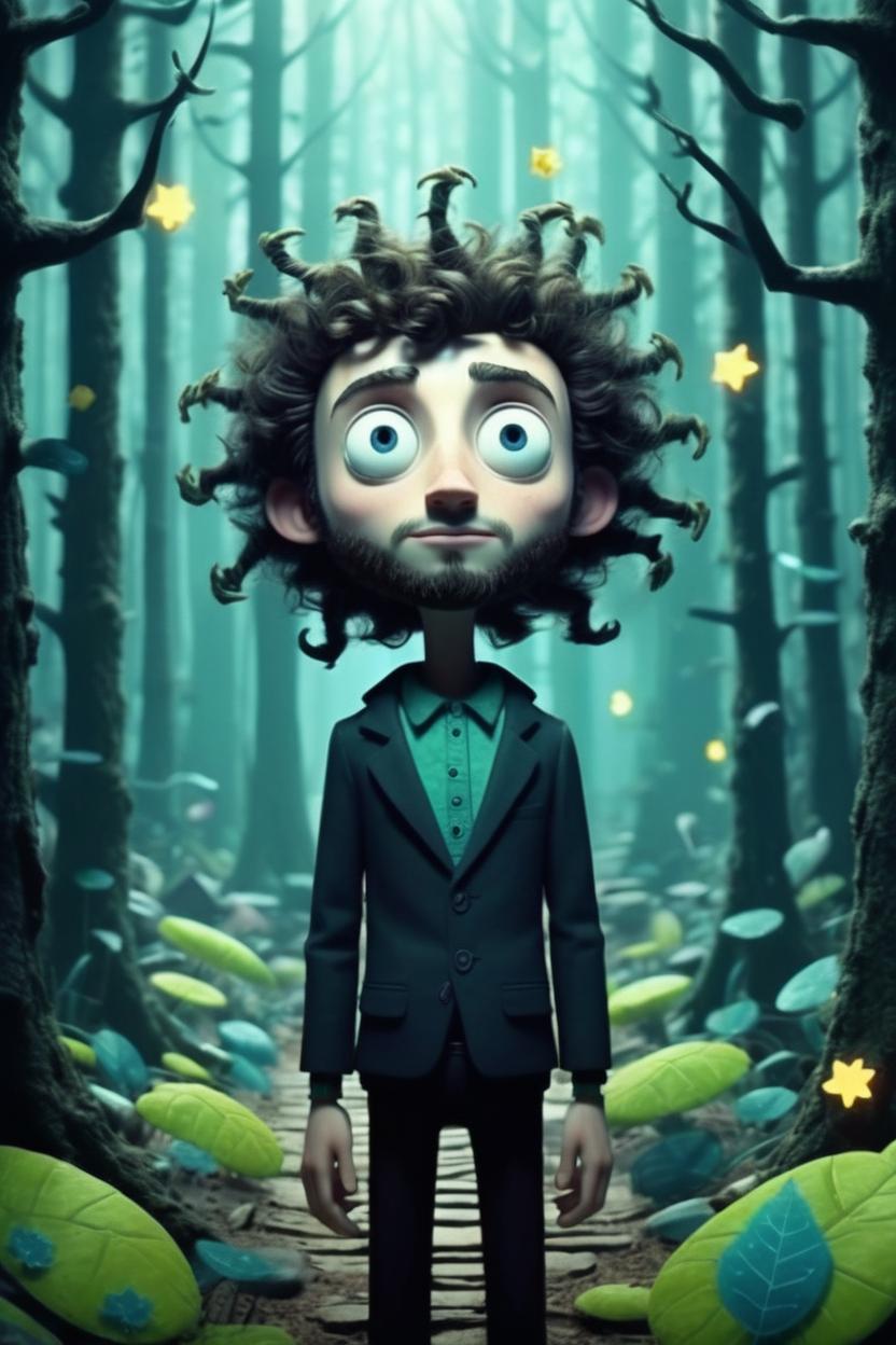 Artificial Intelligence (AI) generated image art, ..., tim burton style animation, cartoon, magic forest