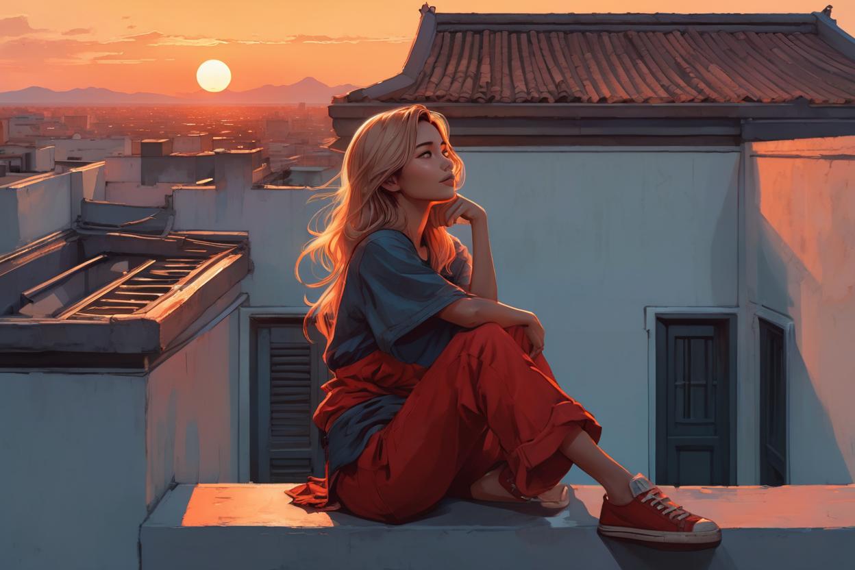 Artificial Intelligence (AI) generated image art, ..., a woman sitting on a balcony looking out at the sunset, alphonse mucha and alena aenami, girl sitting on a rooftop, stunning art style, watching the sun set. anime, girl watching sunset, sits on a rooftop, style of charlie bowater, laurie greasley and james jean, red hues, charlie bowater art style, beautiful comic art
