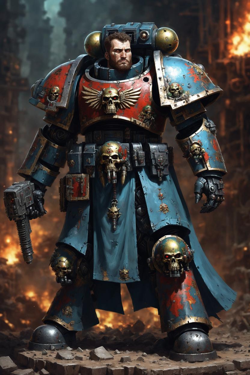 Artificial Intelligence (AI) generated image art, ..., as a Genefather, art by Artur Nakhodkin, Warhammer 40K artwork under the category of Adeptus Mechanicus, Chaos Cults, Chaos Space Marines.