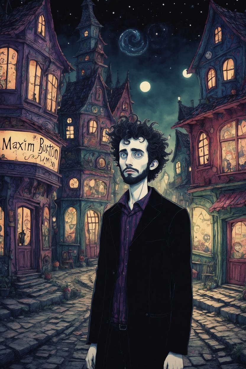 Artificial Intelligence (AI) generated image art, ..., tim burton style animation, in magic town