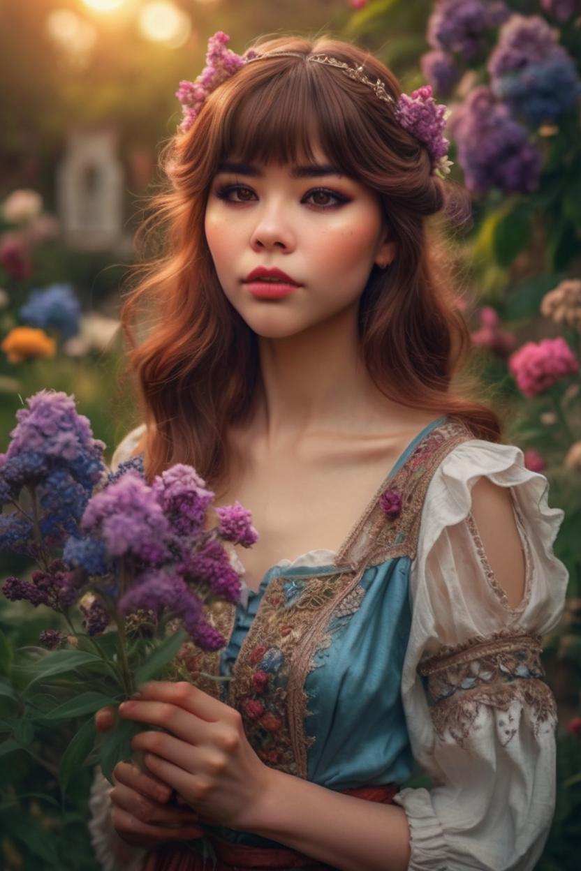 Artificial Intelligence (AI) generated image art, ..., ((portrait)), beautiful brown haired fairy princess, highly detailed illustration, in a garden holding a bunch of wild flowers, deep focus, d & d, fantasy, intricate, elegant, highly detailed, digital painting, artstation, concept art, sunset, matte, sharp focus, pouty lips, ultrarealistic, shot in the style of Wes Anderson, Mysterious and seductive atmosphere