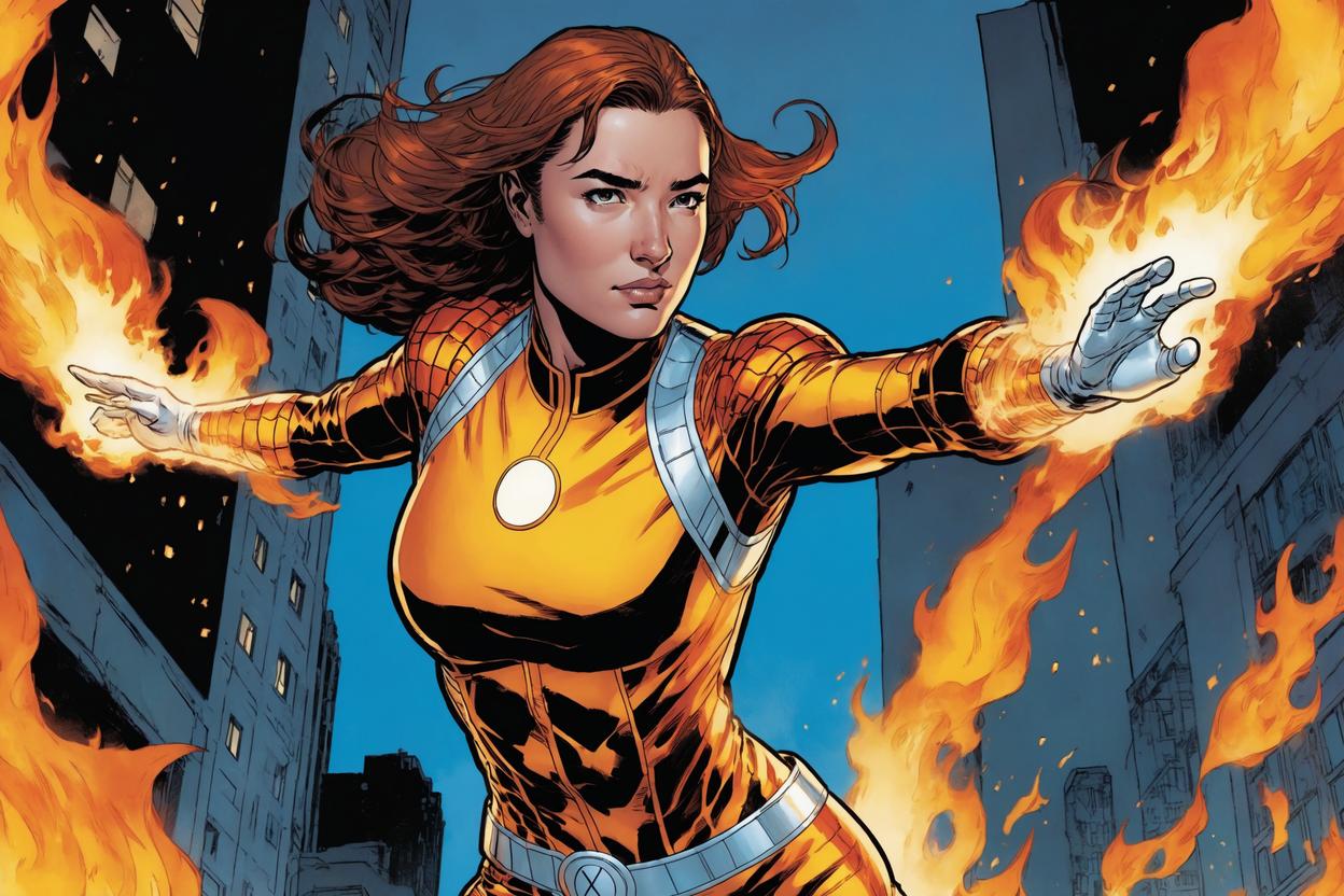 Artificial Intelligence (AI) generated image art, ..., as Nova, Frankie Raye, as the Human Torch, in flames, art by Jim Cheung, Marvel Comics