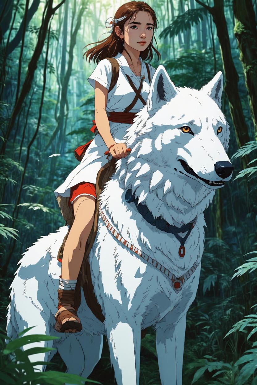 Artificial Intelligence (AI) generated image art, ..., as a tribal anime girl Princess Mononoke, riding a giant white wolf in the jungle, anime style, illustration, anime girl art by makoto shinkai