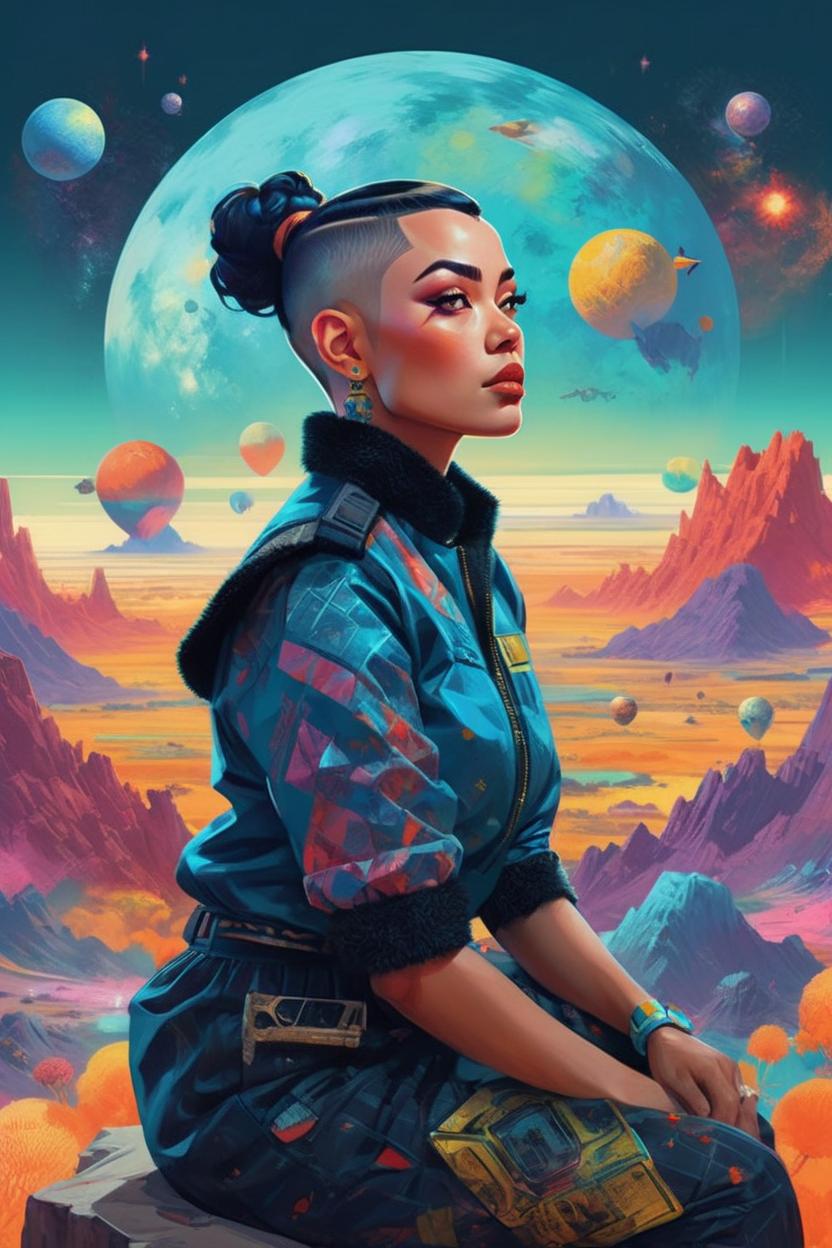 Artificial Intelligence (AI) generated image art, adorably cute (...), buzz cut, portrait by Victo Ngai, Kilian Eng vibrant colors, winning-award masterpiece, fantastically gaudy, aestheticly inspired by beksinski and dan mumford, 4K upscale with Simon Stalenhag work, sitting on the cosmic cloudscape