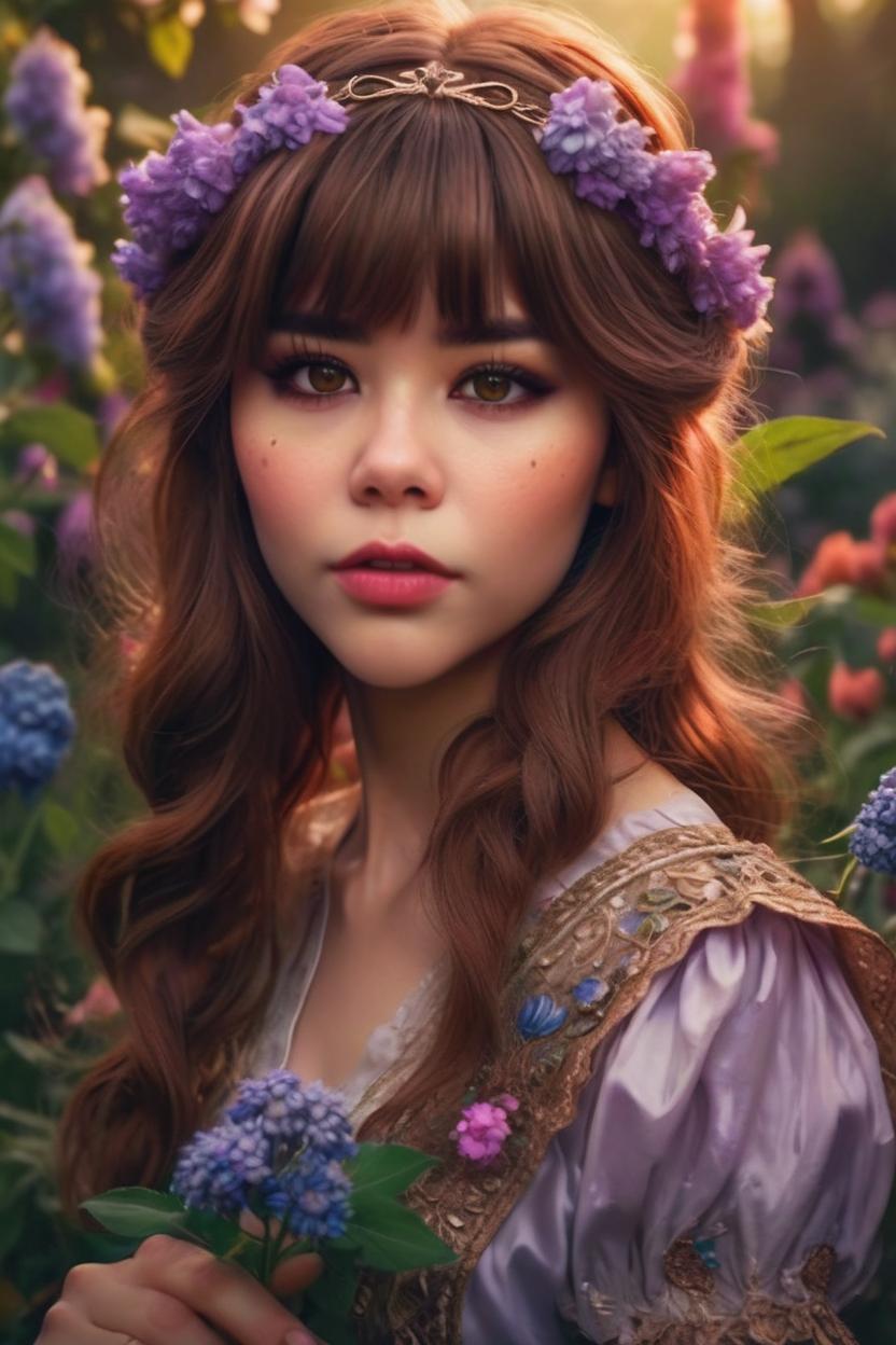 Artificial Intelligence (AI) generated image art, ..., ((portrait)), beautiful brown haired fairy princess, highly detailed illustration, in a garden holding a bunch of wild flowers, deep focus, d & d, fantasy, intricate, elegant, highly detailed, digital painting, artstation, concept art, sunset, matte, sharp focus, pouty lips, ultrarealistic, shot in the style of Wes Anderson, Mysterious and seductive atmosphere