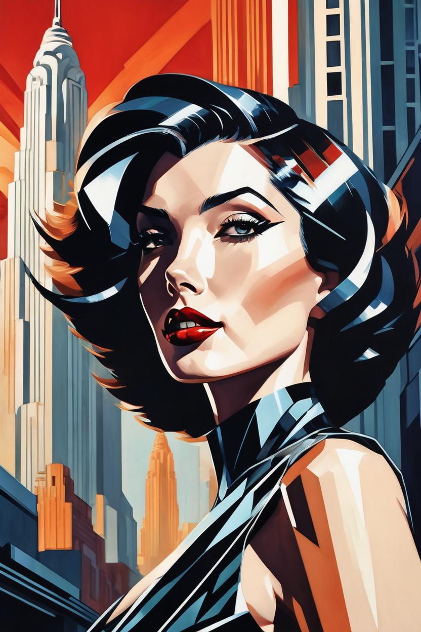 Artificial Intelligence (AI) generated image art, ..., shiny haircut, (leave space above head), dramatic light, art deco city background, high contrast, sharp, painted by stanley artgerm lau, painted by patrick nagel