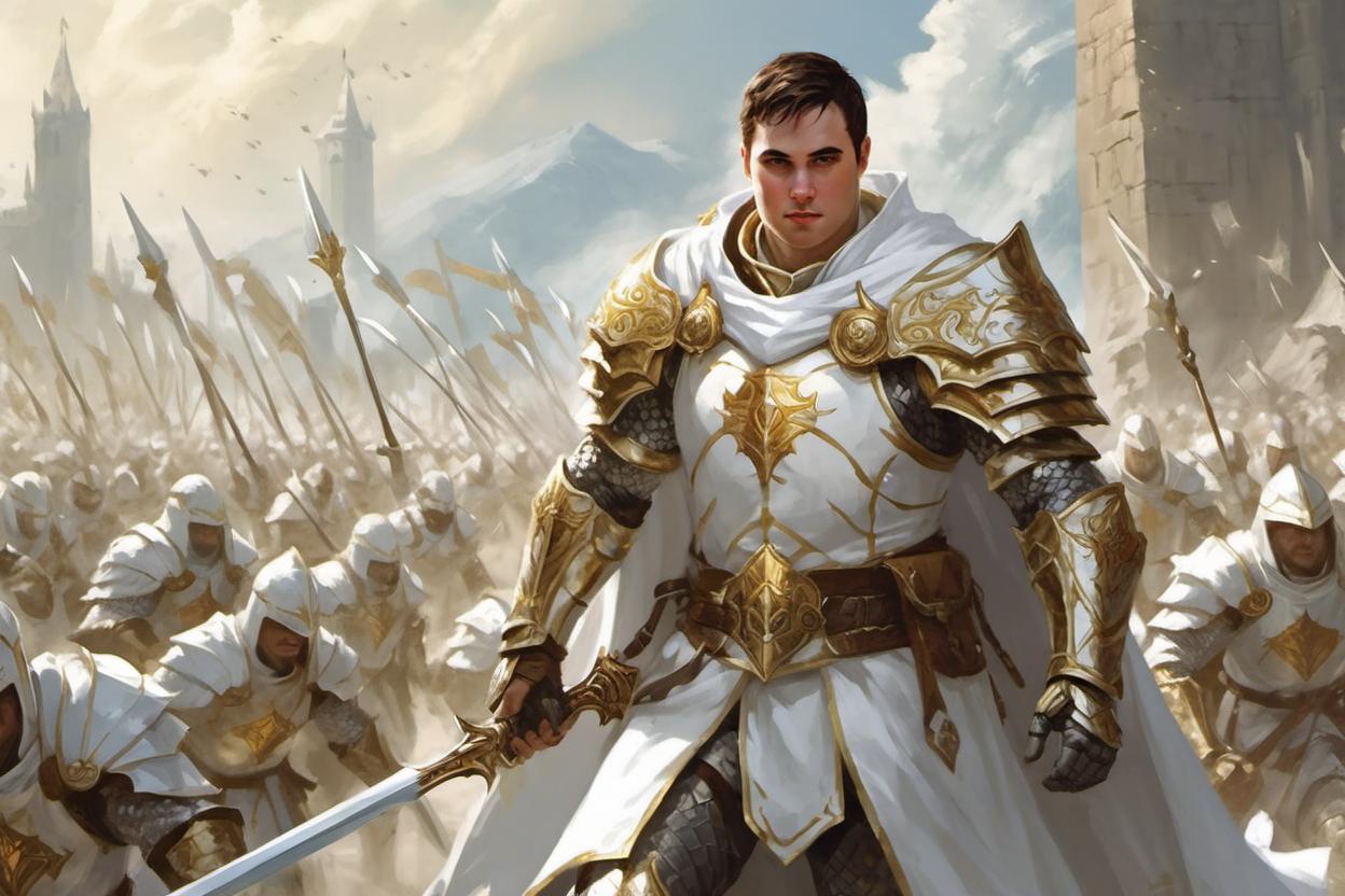 Artificial Intelligence (AI) generated image art, ..., as fantasy paladin, white and gold armor, white cape, leading armies into battle, in front lines, D&D art