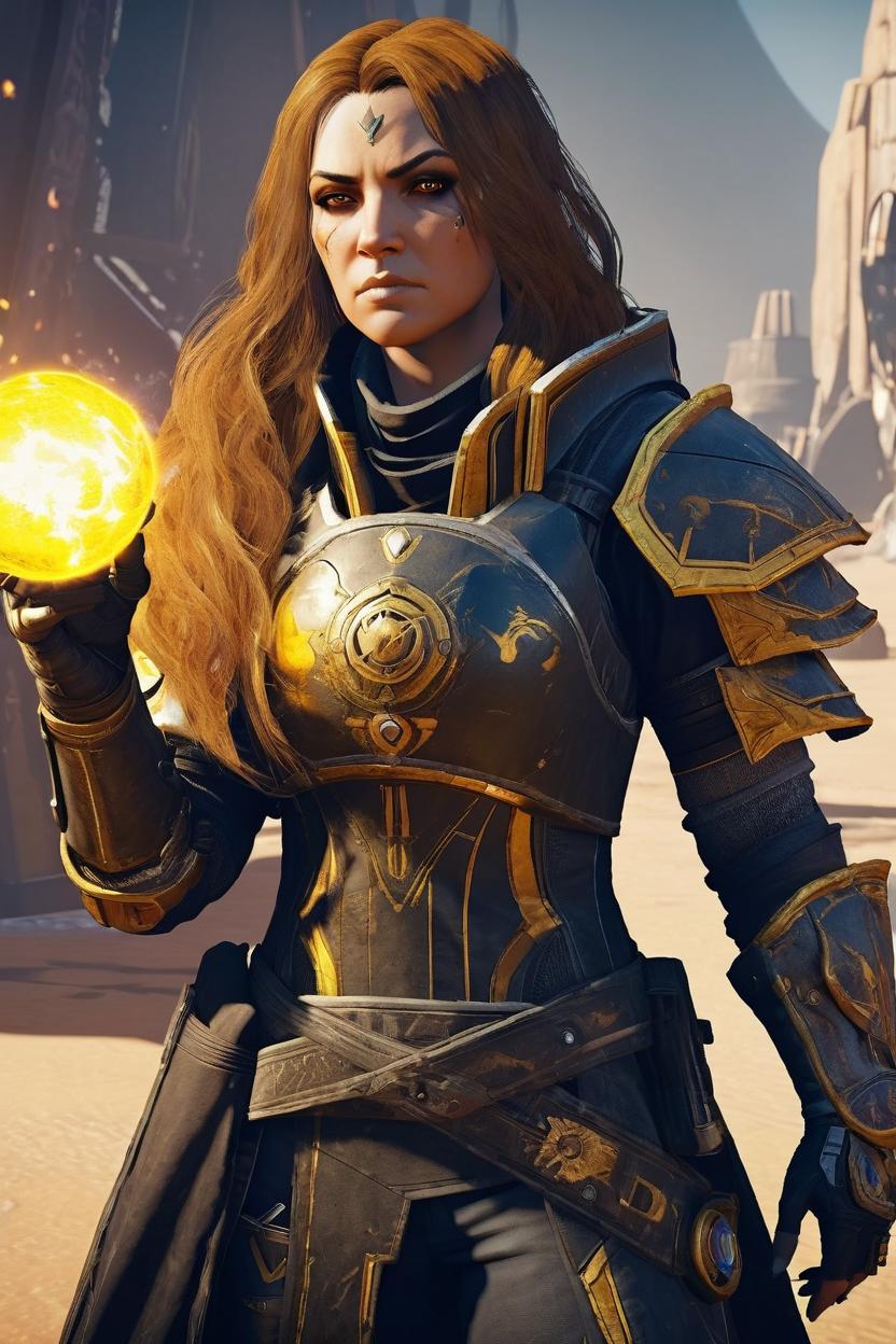 Artificial Intelligence (AI) generated image art, ..., as a warlock guardian from destiny 2 video game, holding the sunshot hand cannon weapon in one hand,  hold a ball of solar fire in the other hand, wearing black and gold destiny 2 warlock armor, long wavy hair framing the face, sultry smoldering look on the face, ((full length portrait)), (detailed eyes), hyperrealistic, looks just like subject, the black fleet from destiny 2 in the background, hyper detailed, cinematic lighting, studio quality, smooth render, art style by luis royo