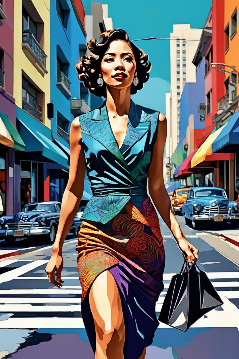 Artificial Intelligence (AI) generated image art, (...) portrait, editorial illustration beautiful woman walking in the street, modern art deco, colorful, christopher balaskas, victor ngai, rich grainy texture, detailed, dynamic composition, wide angle, moebius, matte print\\\\\\\\\\\\\\\\\\\\\\\\\\\\\\\"