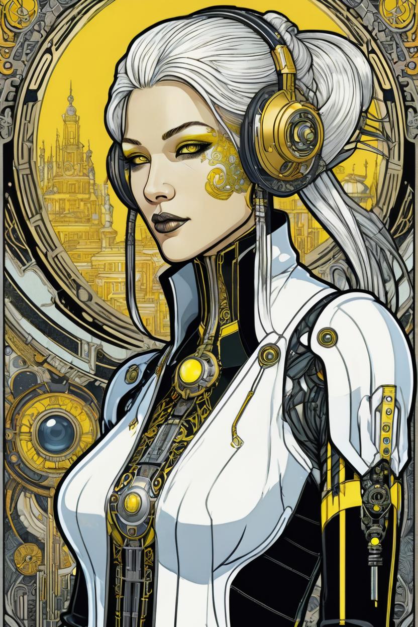 Artificial Intelligence (AI) generated image art, (*...*), portrait, artwork by Ivan Bilibin, Art Nouveau, tarot, cyberpunk, yellow and black android, cyborg, robotic, with white hair, white eyes, white irises, full body