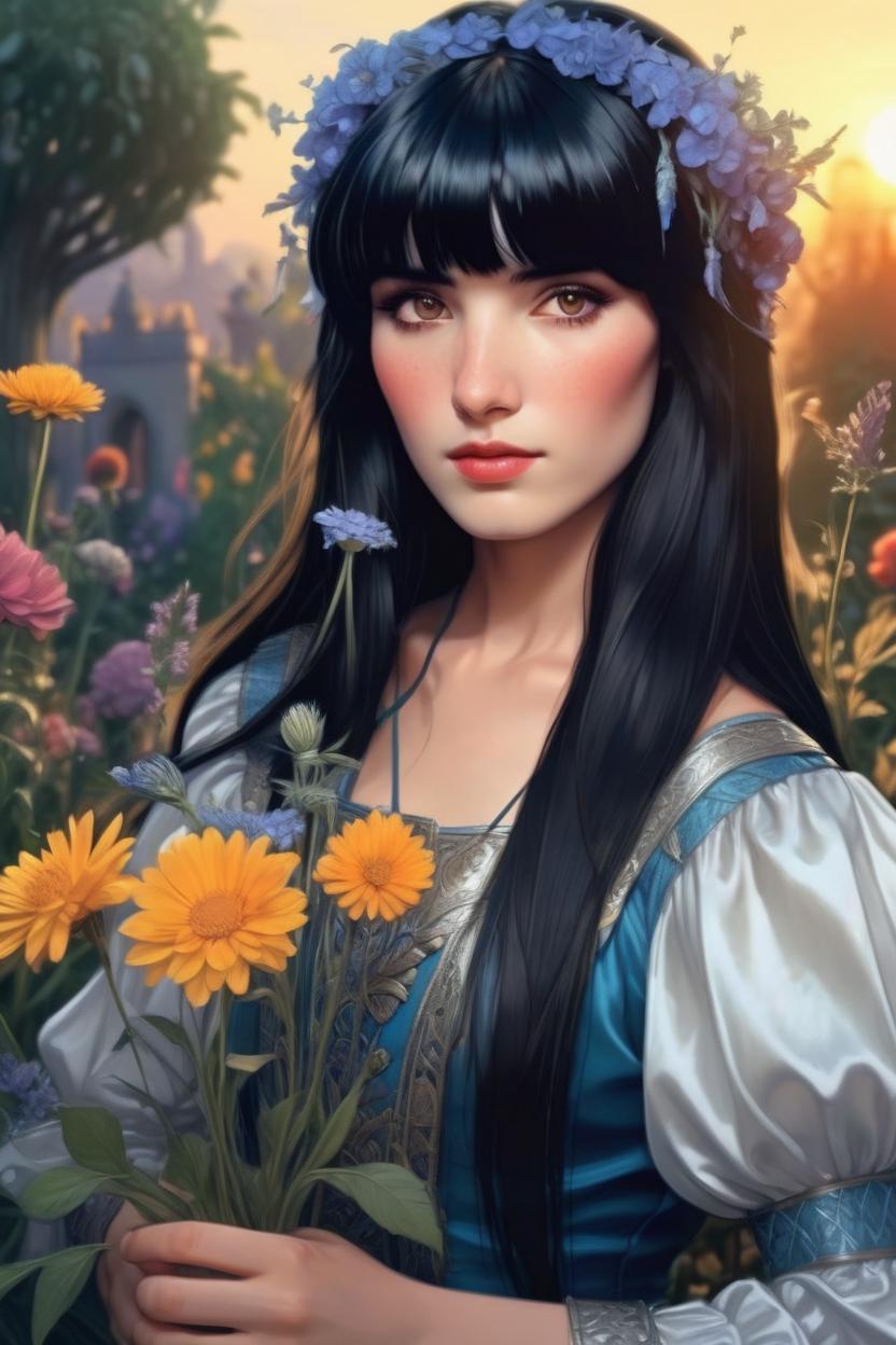 Artificial Intelligence (AI) generated image art, ..., ((portrait)), beautiful black haired fairy princess, highly detailed illustration, in a garden holding a bunch of wild flowers, deep focus, d & d, fantasy, intricate, elegant, highly detailed, digital painting, artstation, concept art, sunset, matte, sharp focus, illustration, hearthstone, art by artgerm and greg rutkowski and alphonse mucha and marco mazzoni