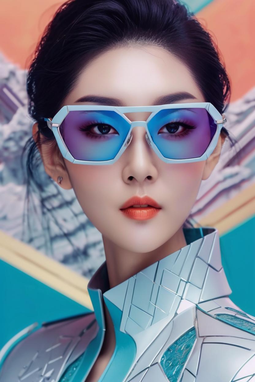 Artificial Intelligence (AI) generated image art, ..., pastel colored paper art illustration, forward facing fashion portrait of beautiful woman wearin futuristic sunglasses by Zhang Jingna with amazing background, ultra sharp, detailed, 8k, anime, artistic, rgb, platinum