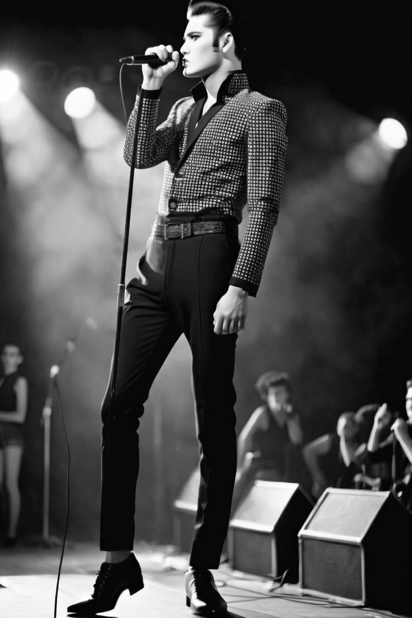 Artificial Intelligence (AI) generated image art, ..., New wave styled, on stage with microphone on microphone stand, Elvis styled hair slicked back but modern day designer clothes, black and white photoshoot, on stage, vogue quality photo, detailed, realistic,