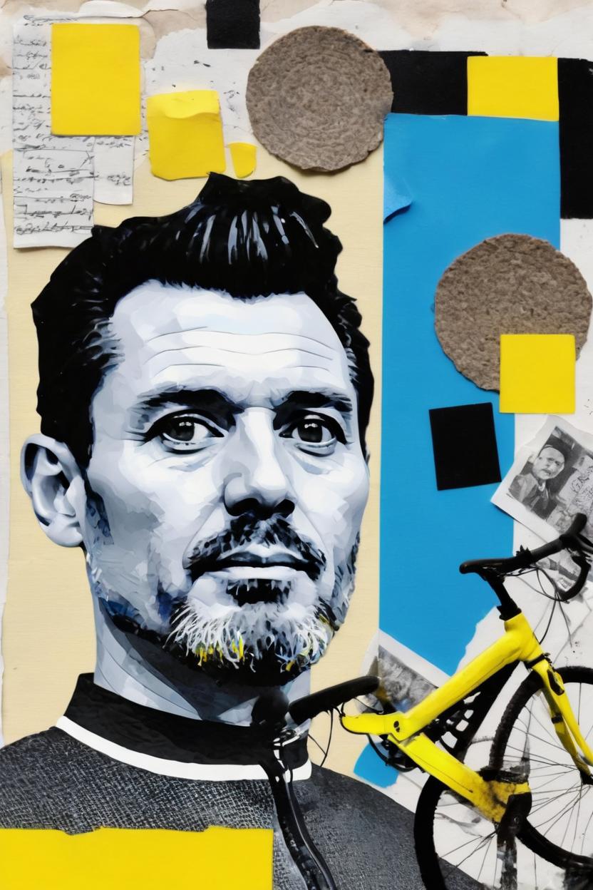 Artificial Intelligence (AI) generated image art, ((..., dada portrait, as age 30, art by Lubaina Himid, cut up portrait, black and white photo)), yellow and blue accent colours, cycling, mountain bike, texture, found objects, Objet Trouvé