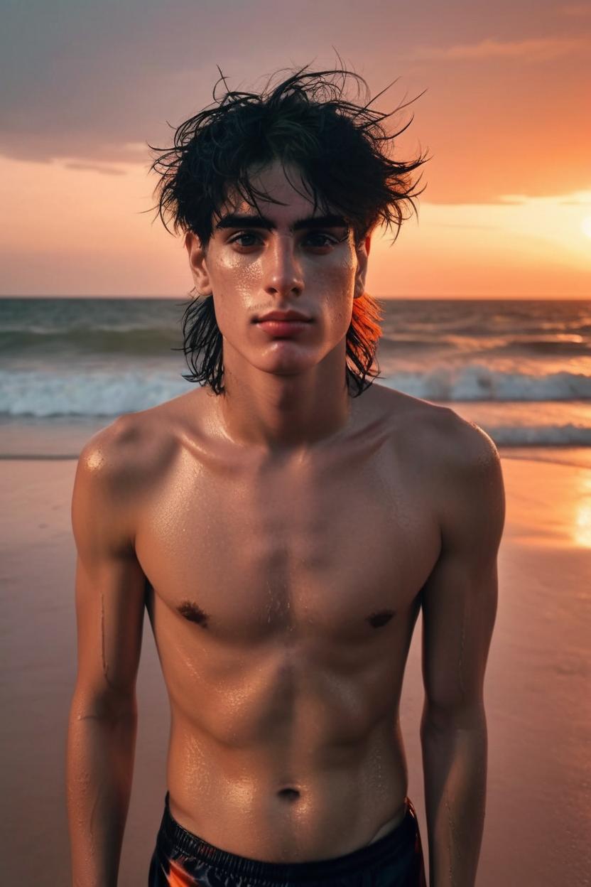 Artificial Intelligence (AI) generated image art, A vacation portrait of ..., photography by annie leibovitz and Lorenzo Agius, very detailed and natural eyes, damp and neat hair, very natural skin, very lean body, slender face with full lips, youthful features, on an empty beach, red-orange sunset, bathed in orange light, wearing black swim trunks