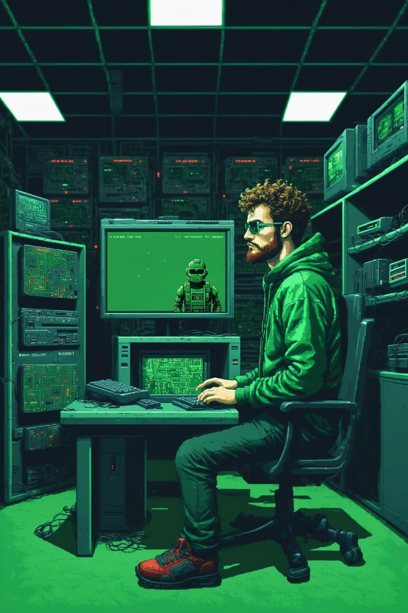 Artificial Intelligence (AI) generated image art, ..., (8 bit pixel art), hacker, in a green hightech computer room, pixel art, digitally enhanced, retro video game pixel graphics, mr robot, cyberpunk, for professional usage