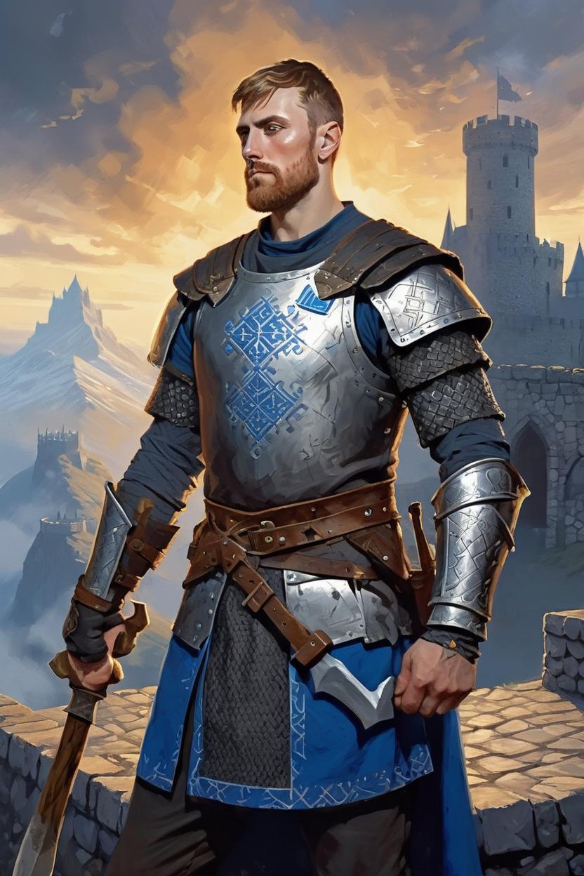 Artificial Intelligence (AI) generated image art, ..., art by Greg Rutkowski, fantasy knight, dnd, in steel armor with viking runes, bearded axe, castle in background, art by Greg Rutkowski, masterpiece painting