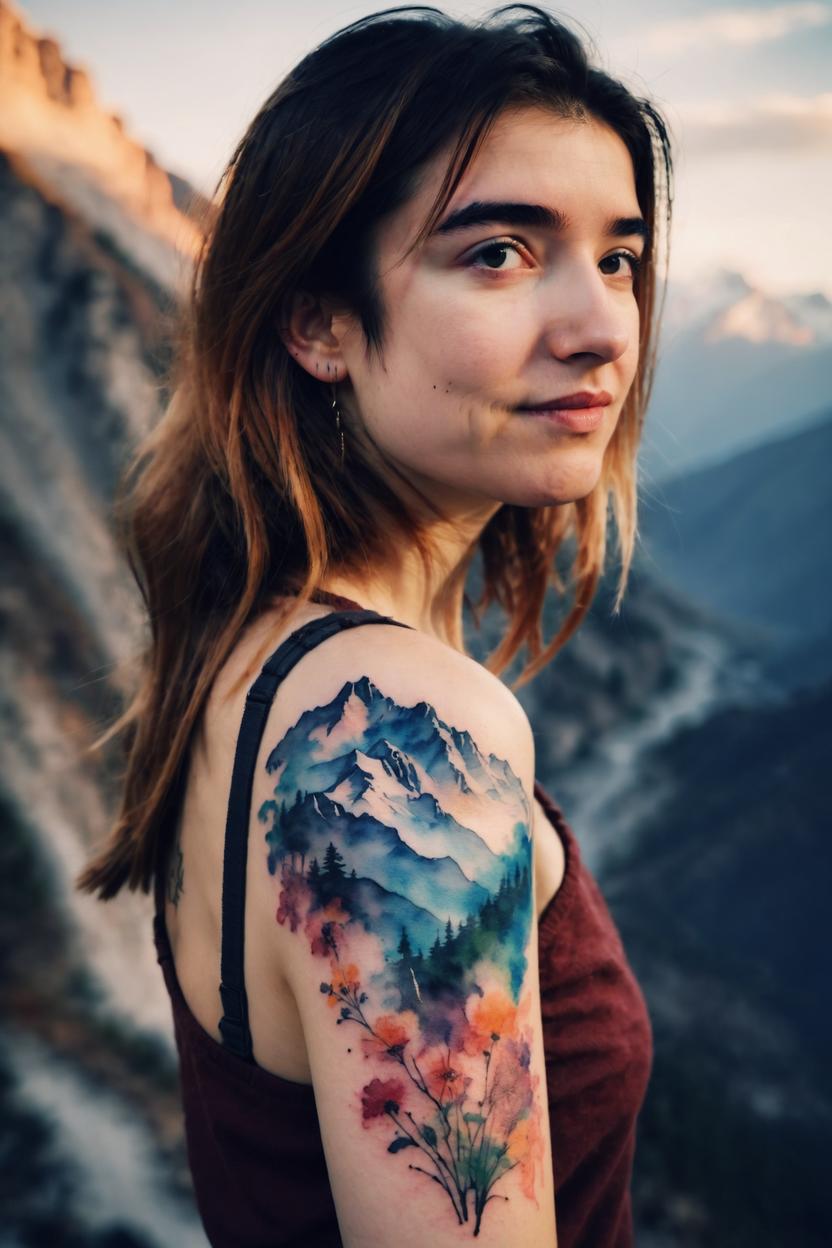 Artificial Intelligence (AI) generated image art, ..., side portrait with watercolour tattoo on shoulder, mountains background, beautiful photograph