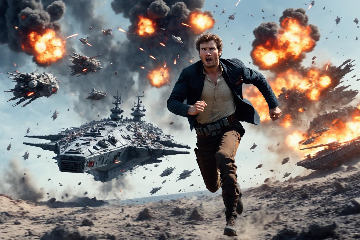 Artificial Intelligence (AI) generated image art, ..., as Han Solo on Crait, running from explosions, star wars battleships everywhere