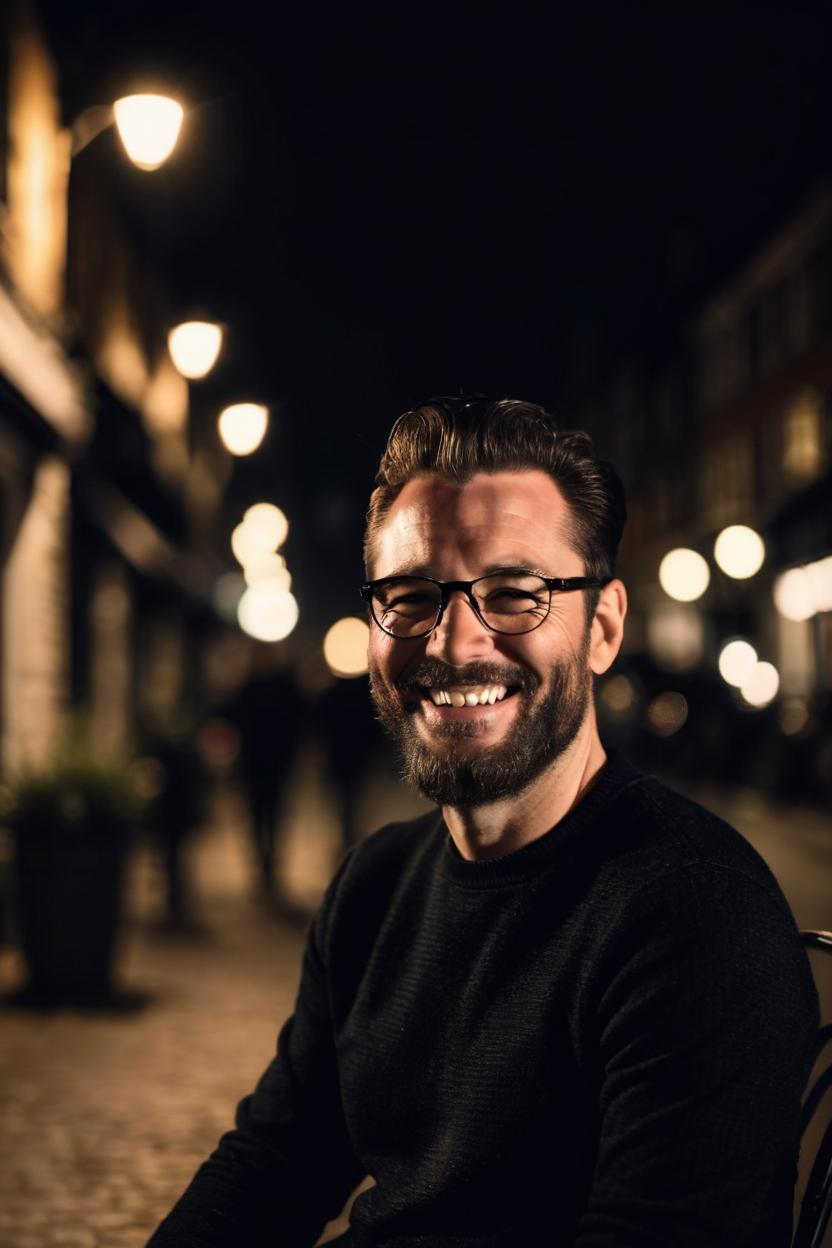 Artificial Intelligence (AI) generated image art, ((Photo of ... natural smile, wearing ray-ban glasses black jumper and dark jeans, night time sat outside coffee aroma in Lincoln UK, establishing shot, at age 40, short 2mm dark beard, broad lighting, laughing expression, darkly lit, cinematic, in shadow)), highly detailed eyes, accurate eye colour, accurate face shape, reduce age lines