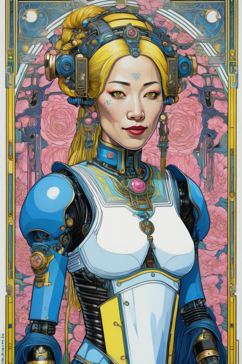 Artificial Intelligence (AI) generated image art, (*...*), portrait, artwork by Ivan Bilibin, Art Nouveau, tarot, cyberpunk, blue and pink android, cyborg, robotic, with yellow hair, white eyes, black irises, full body