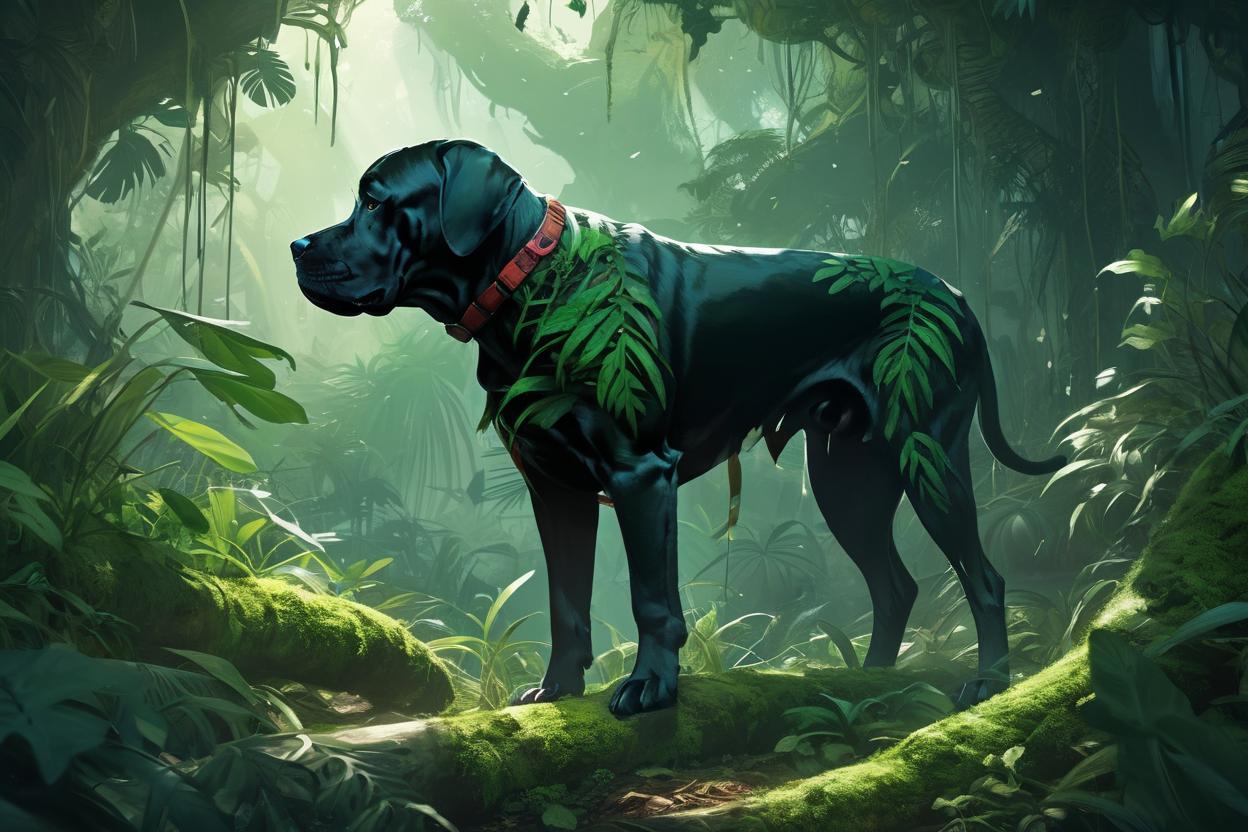 Artificial Intelligence (AI) generated image art, ..., jungle background, overgrown vegetation, chewing (giant r bone) by charlie bowater and zeen chin and terada katsuya, epic scene, epic light, fractals background, intricate detailed, fine details, artstation, masterpiece,