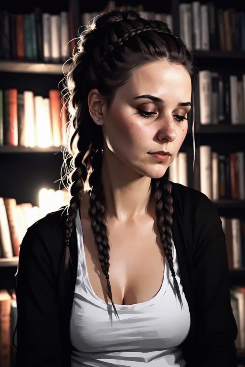 Artificial Intelligence (AI) generated image art, ..., portrait illustrated, hair in loose plait, emo, reading, book stacks, dark lighting, digital art, white and black clothes