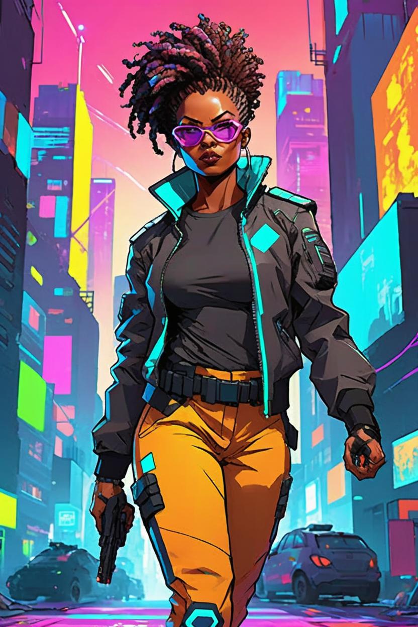 Artificial Intelligence (AI) generated image art, ..., A detailed black woman, special agent, short tight afro, full body, cyberpunk, bright colors, cartoon, concept art, battle pose, bold black lines, neon city