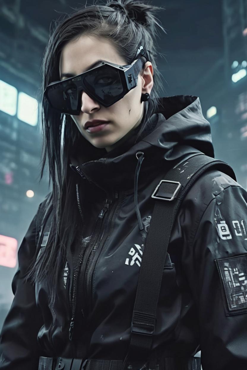 Artificial Intelligence (AI) generated image art, ..., wearing black techwear, in a apocalyptic cyberpunk world, 8k, photorealistic, hyper detail, fashion photoshoot