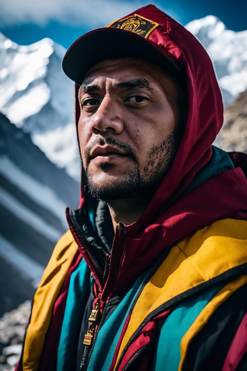 Artificial Intelligence (AI) generated image art, ..., portrait, ((vibrant colors)), (((film grain))), on Mount Everest in a Gryffindor cloak, photorealistic, 4k ultra-realistic, photographed on Nikon D850qq,Q highlighting the 45.7MP resolution and its spectacular 153-point autofocus system