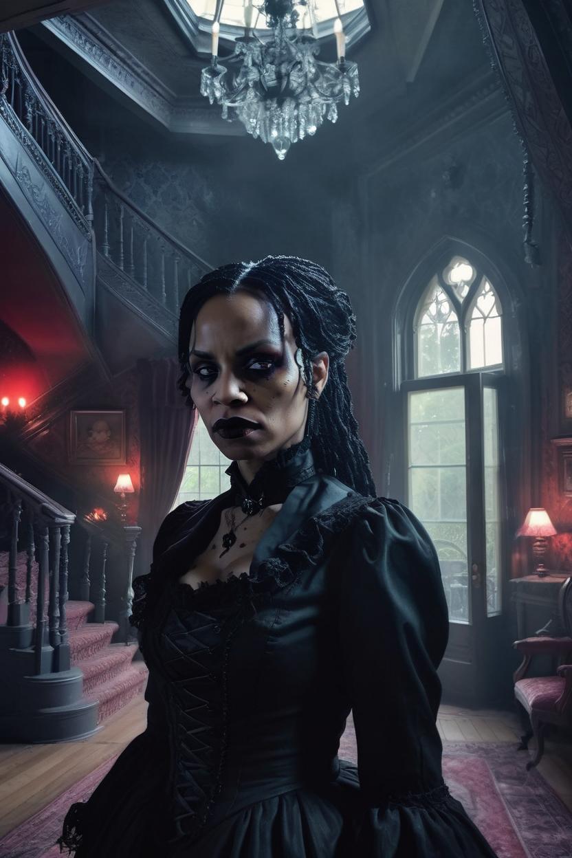 Artificial Intelligence (AI) generated image art, ..., as Gothic vampire in a Victorian mansion, realistic style, eerie mood