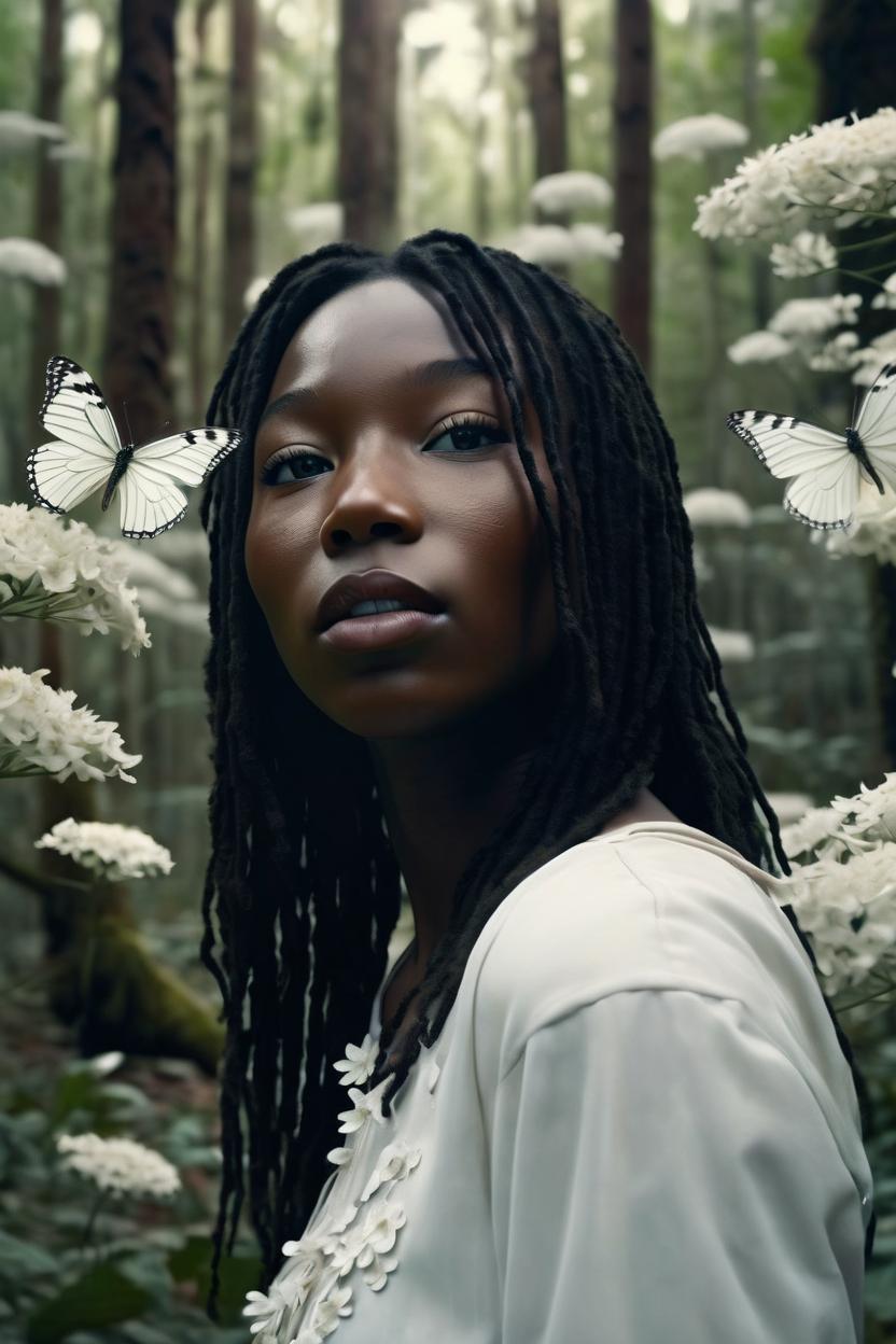 Artificial Intelligence (AI) generated image art, ..., portrait of a stunningly beautiful female.  in soft light, depth of field, in a forest. with beautiful  white flowers. white butterflies flying around.  zeiss lens, detailed, symmetrical, centered, fashion photoshoot, by annie leibovitz and steve mccurry, david lazar, jimmy nelsson, breathtaking, 8 k resolution, extremely detailed, beautiful, establishing shot, artistic, hyperrealistic, beautiful face, octane render