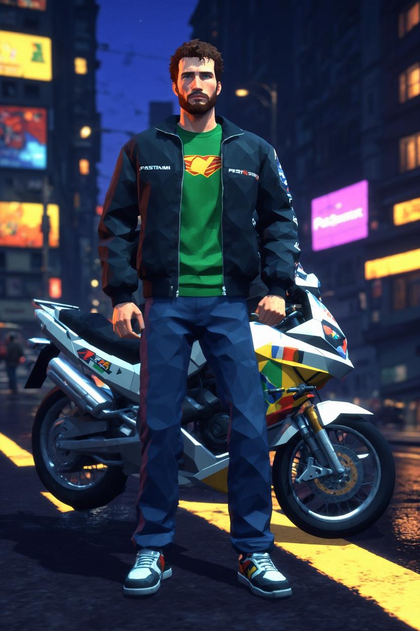 Artificial Intelligence (AI) generated image art, ..., early 2000 low game graphics, 2000s playstation graphics artstyle, low polygon 3d game, psx game, ps2 game, standing next to cool motorbike, in city night