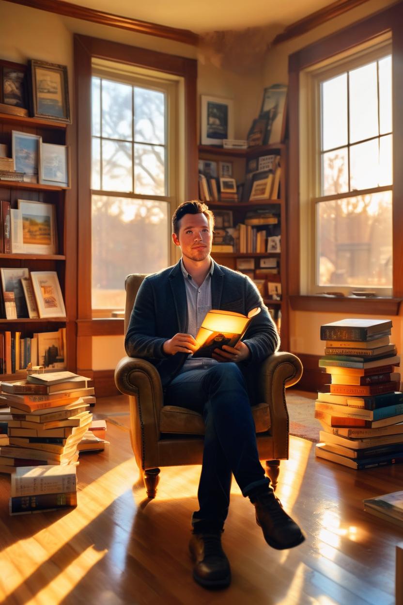 Artificial Intelligence (AI) generated image art, Craft a photo-realistic image of ... in a cozy, artistic indoor setting, surrounded by books and paintings. The room is bathed in the golden glow of sunset light coming through a large window, creating a bokeh effect with the interior details. ... is seated in an armchair, looking up from a book, encapsulating a moment of creative introspection.