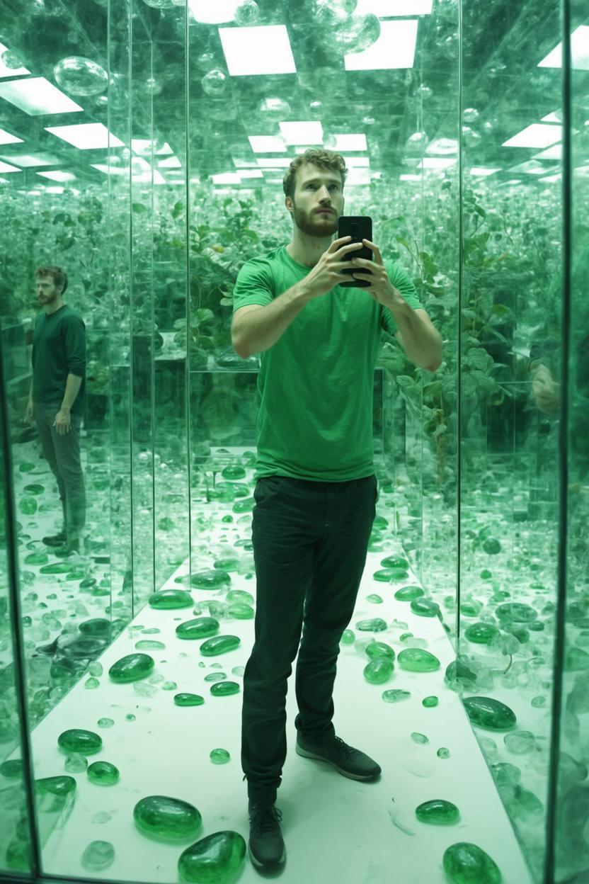 Artificial Intelligence (AI) generated image art, ... taking a selfie, full HD, portrayal of a man, positioned within a glass room. The environment is accentuated by atmospheric installations, providing a serene yet intricate atmosphere. The color theme of white and green dominates the setting, and the glass surfaces showcase vivid reflections, adding to the scene\'s complexity