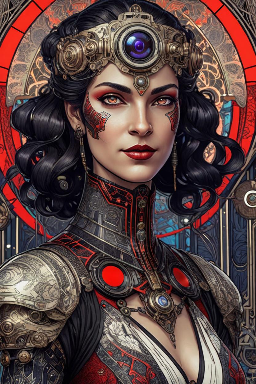 Artificial Intelligence (AI) generated image art, (*...*), portrait, artwork by Ivan Bilibin, Art Nouveau, tarot, cyberpunk, red and black android, cyborg, robotic, with black hair, dark eyes, black irises, full body