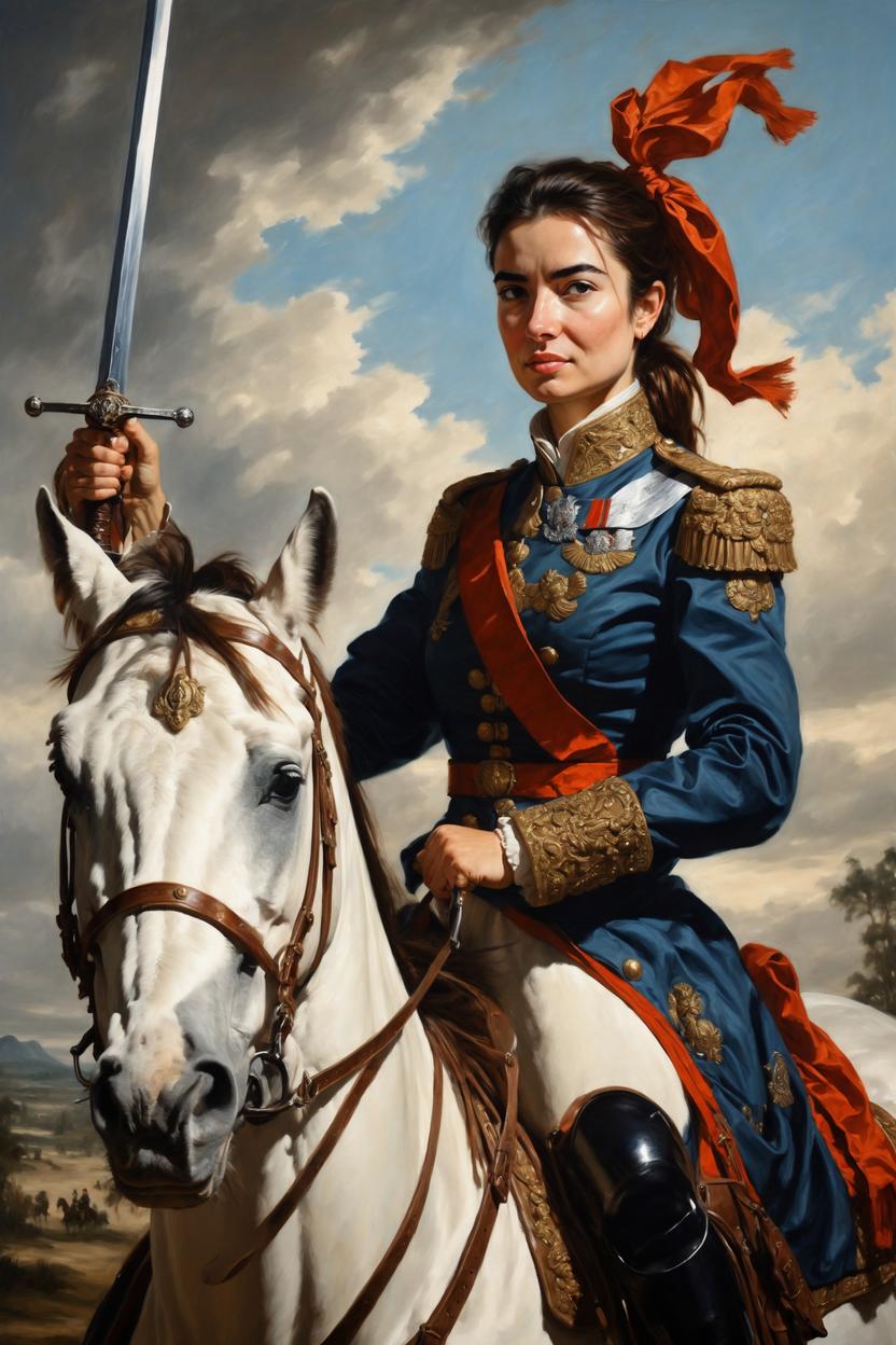 Artificial Intelligence (AI) generated image art, ..., oil painting, as 18th century bautiful female general, proud, on horseback, leading army, holding sword up, art by greg rutkowski