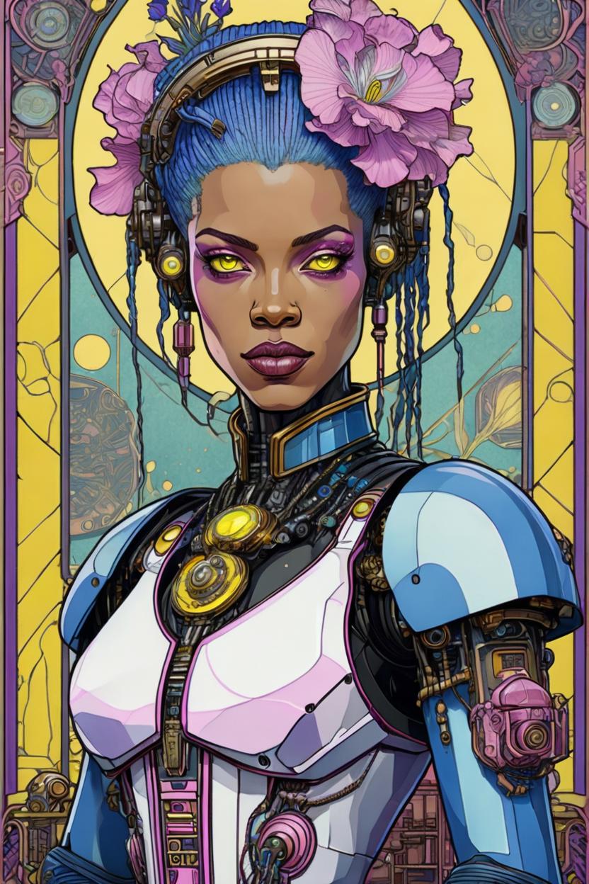 Artificial Intelligence (AI) generated image art, (*...*), portrait, artwork by Ivan Bilibin, Art Nouveau, tarot, cyberpunk, yellow and pink android, cyborg, robotic, with blue hair, white eyes, mauve irises, full body