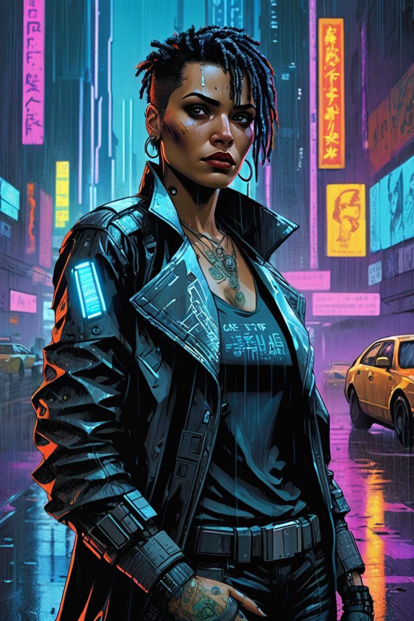 Artificial Intelligence (AI) generated image art, An edgy, modernist portrait of ..., a cyberpunk rebel in the rain-soaked streets of a neon-lit metropolis, evocative of Blade Runner, with nods to the graphic styles of Frank Miller and Jean Giraud (Moebius), rendered in hyperrealistic detail with a noir palette, high-tech tattoos glow against a backdrop of futuristic skyscrapers, rebellious spirit