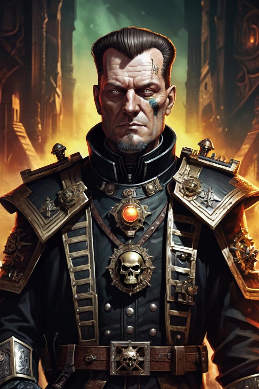Artificial Intelligence (AI) generated image art, ((... handsome illustration, as Inquisitor Eisenhorn from Warhammer 40k, radiant light, caustics)), (war hero, psychedelic dmt, by Nikolaus Ingeneri)