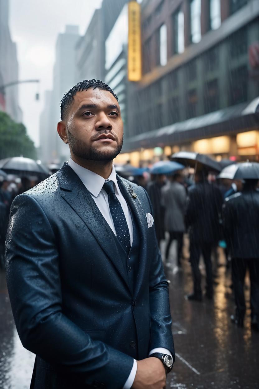 Artificial Intelligence (AI) generated image art, ..., early rainy morning” candid wide-angle portrait, ((daytime lighting)), (addressing a crowd of people as far as the eye can see), photorealistic, cinematic, 8k, ultra-detailed, extremely sharp focus, dressed in Armani suit\"