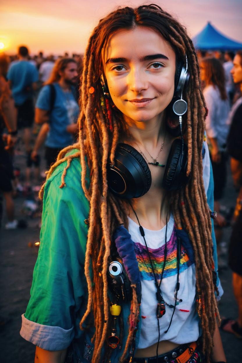 Artificial Intelligence (AI) generated image art, Beautiful ..., portrait, with coliurful dreadlocks hairstyle, hippie clothes, as a dj, in open air music event, sunset, stunning photograph