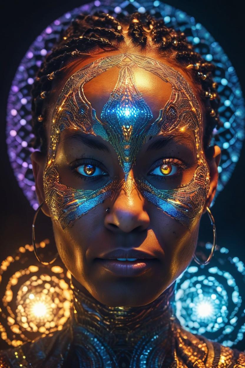 Artificial Intelligence (AI) generated image art, ... 8k, RAW photo, highest quality,hyperrealistic abstract style portrait of an otherworldly being with metallic skin,glowing orbs for eyes,and intricate fractal patterns emanating from their face,non-representational,colors and shapes,expression of feelings,imaginative,highly detailed