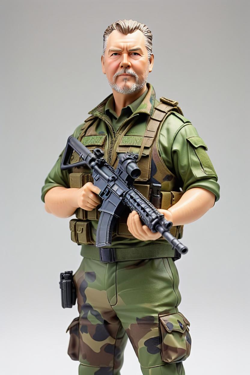 Artificial Intelligence (AI) generated image art, ((...)), with British DPM Camo uniform, holding an M4A1 Modern Rifle , as a figurine, Ken doll, plastic, 8K, White Background